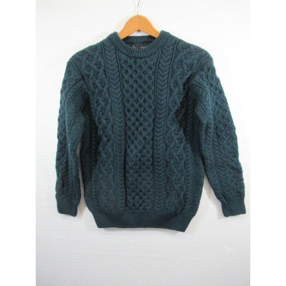 Irelands Eye Wool Fisherman Sweater Women Large Green/Blue Pullover